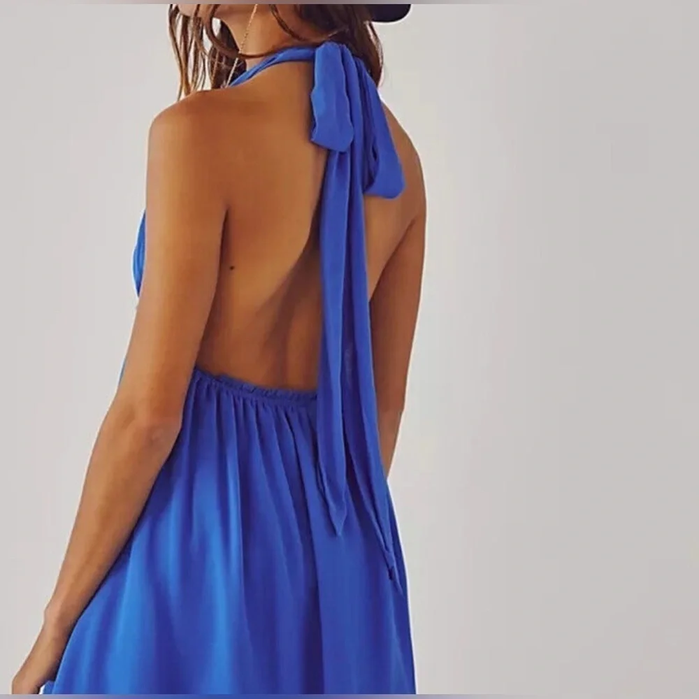FREE PEOPLE XL Feminine Esme Mini Brilliant Blue Halter Chiffon Satin Strap SEXY - Picture 1 of 15